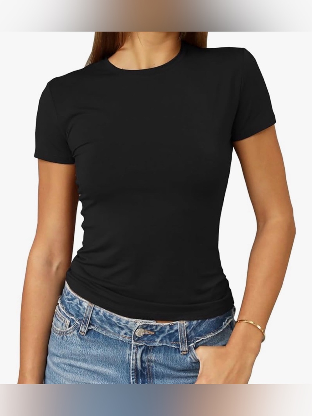 Classic Black Short-Sleeve Crewneck crop top Tee - Women